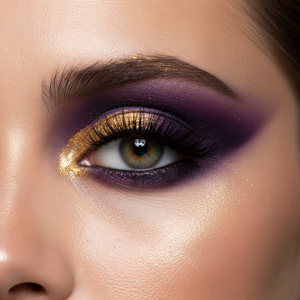 Close-up of model with gilded gold eyelid and dramatic violet eye shadow against dark background