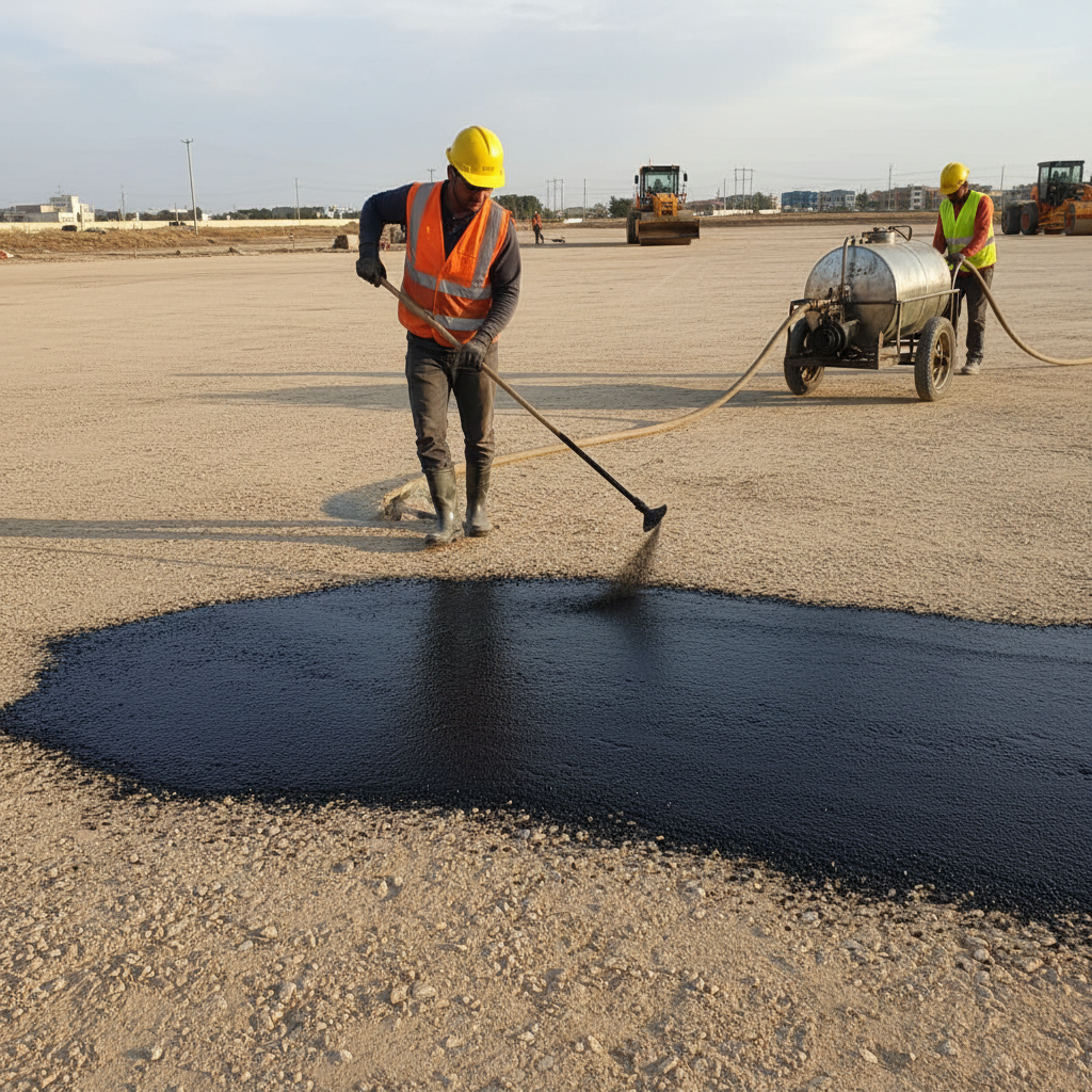 Espalhamento de emulsão asfáltica RR-2C sobre base compactada com distribuidor manual