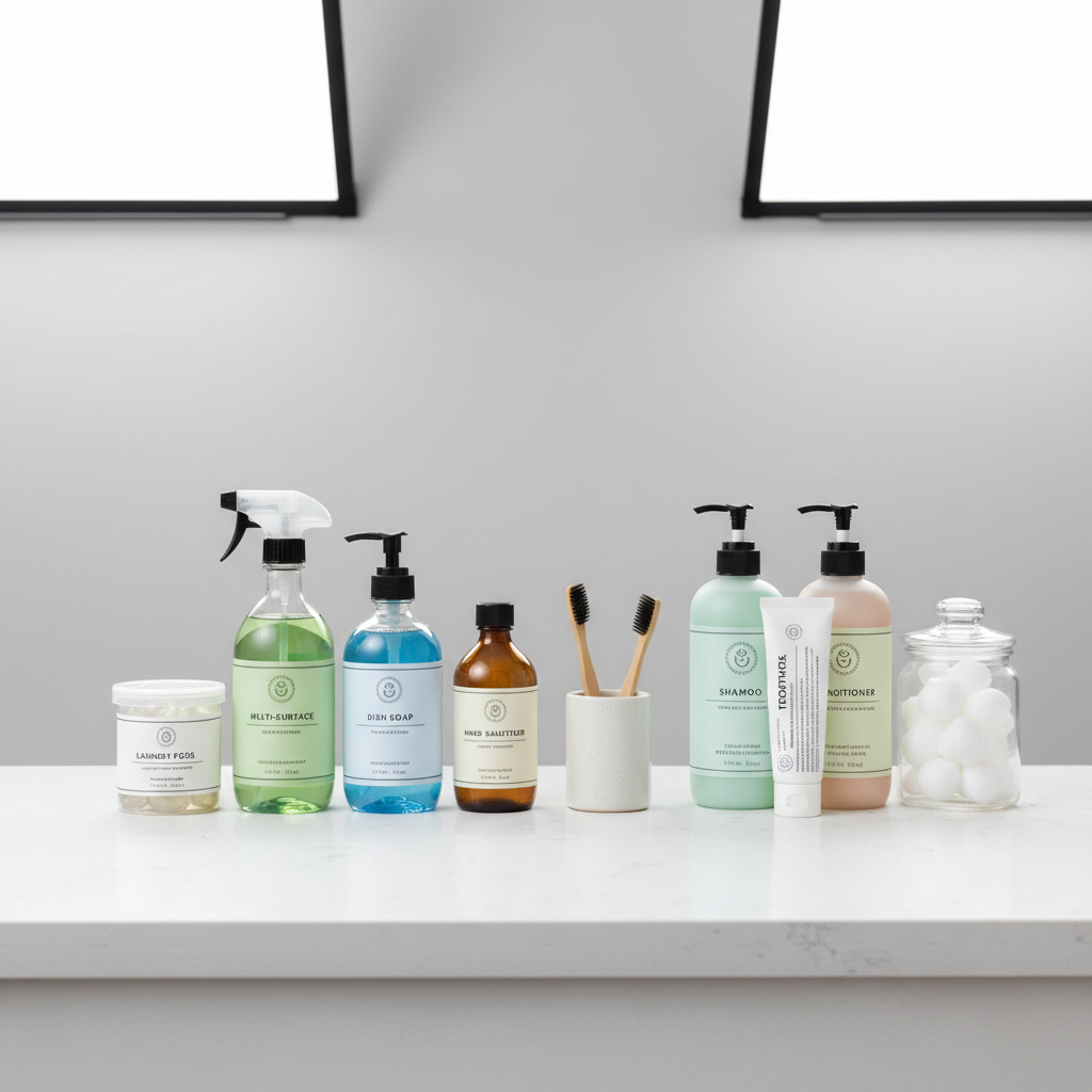 Organized household daily necessities including cleaning products and personal care items