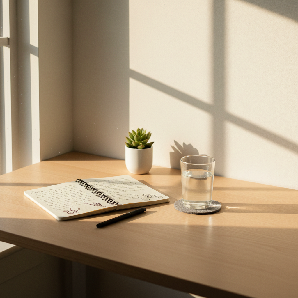Minimalist desk setup with a notebook open to handwritten notes, a glass of water, and afternoon light casting long shadows