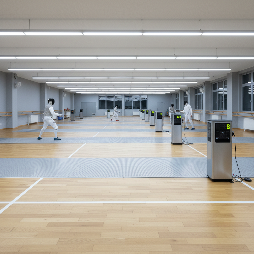 Fencing salle interior with multiple strips, scoring boxes, and overhead fluorescent lights