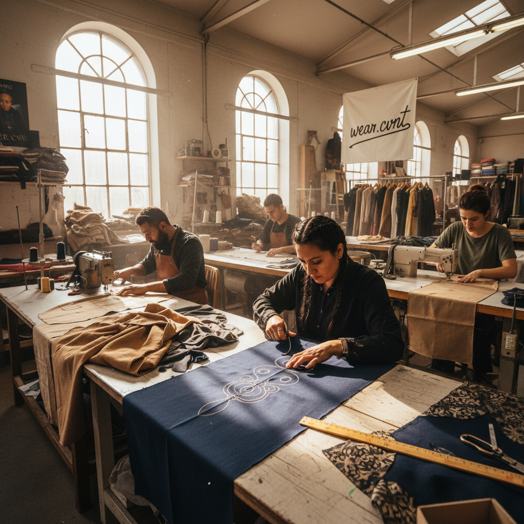 T-shirt manufacturing workshop with bright natural lighting, clean white walls, and neatly arranged colorful garments