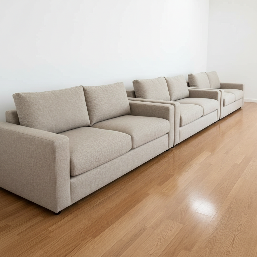 Row of freshly reupholstered sofas in neutral linen fabric ready for property staging