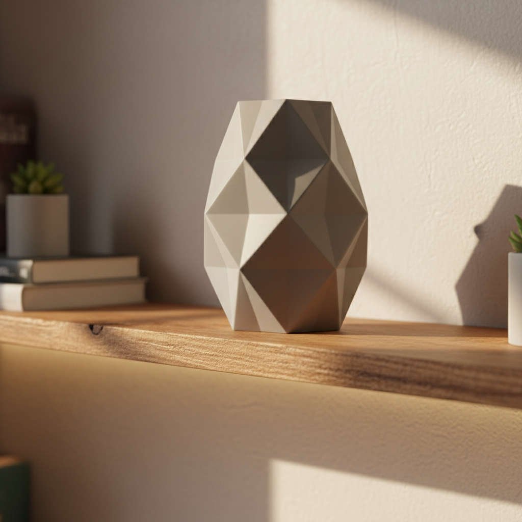 Modern 3D printed geometric lamp shade with warm diffused light on a desk