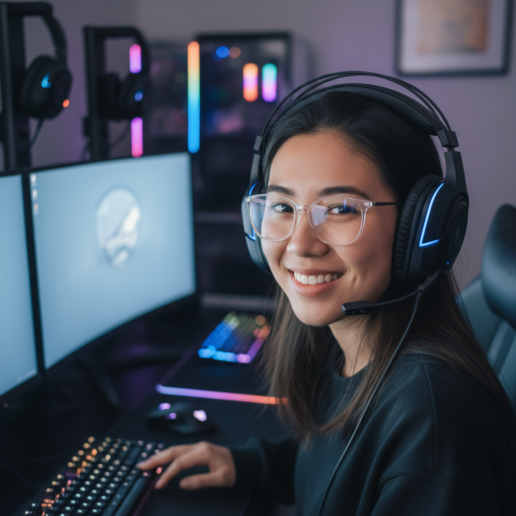 South Asian woman with headset smiling in gaming setup