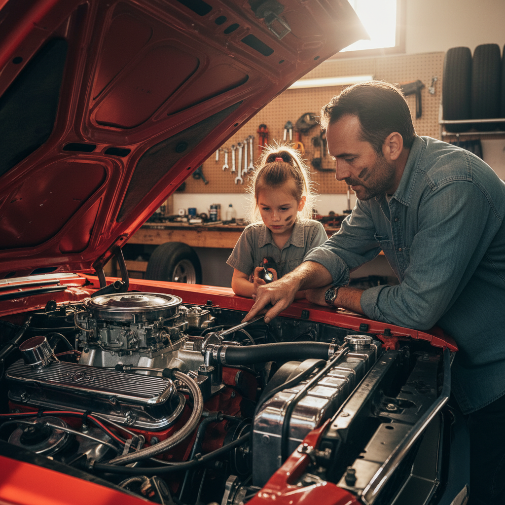 Father and daughter leaning over classic car engine together