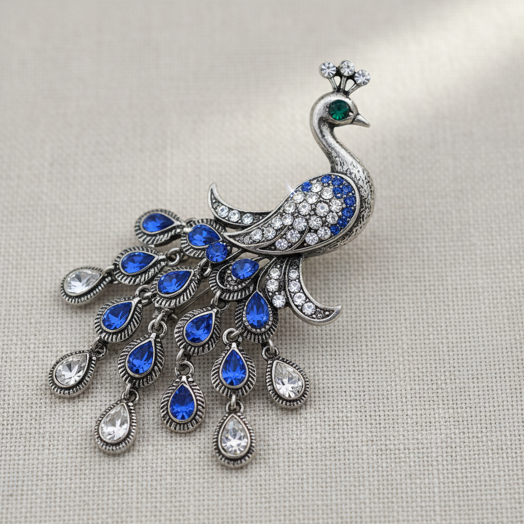 Ornate vintage-style brooch pin with rhinestone details