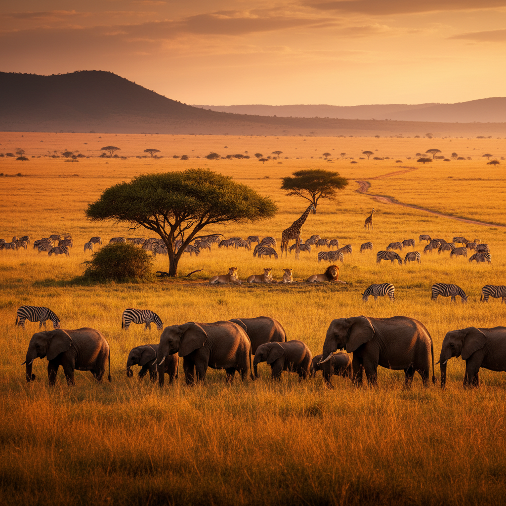 Elephants on open savannah at golden hour, warm amber light, vast landscape, Uganda national park