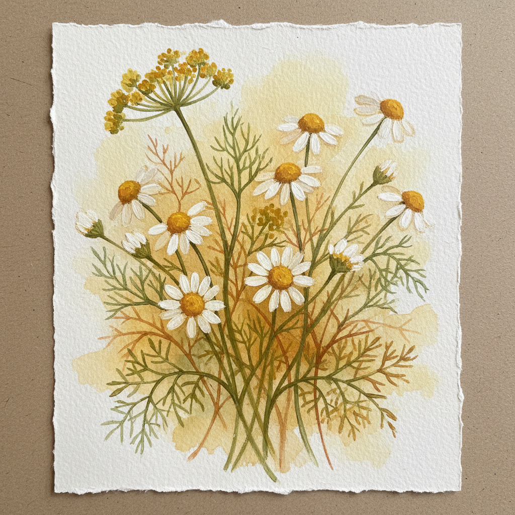 Gouache painting of wild fennel and chamomile botanicals on textured paper with warm ochre and sage tones