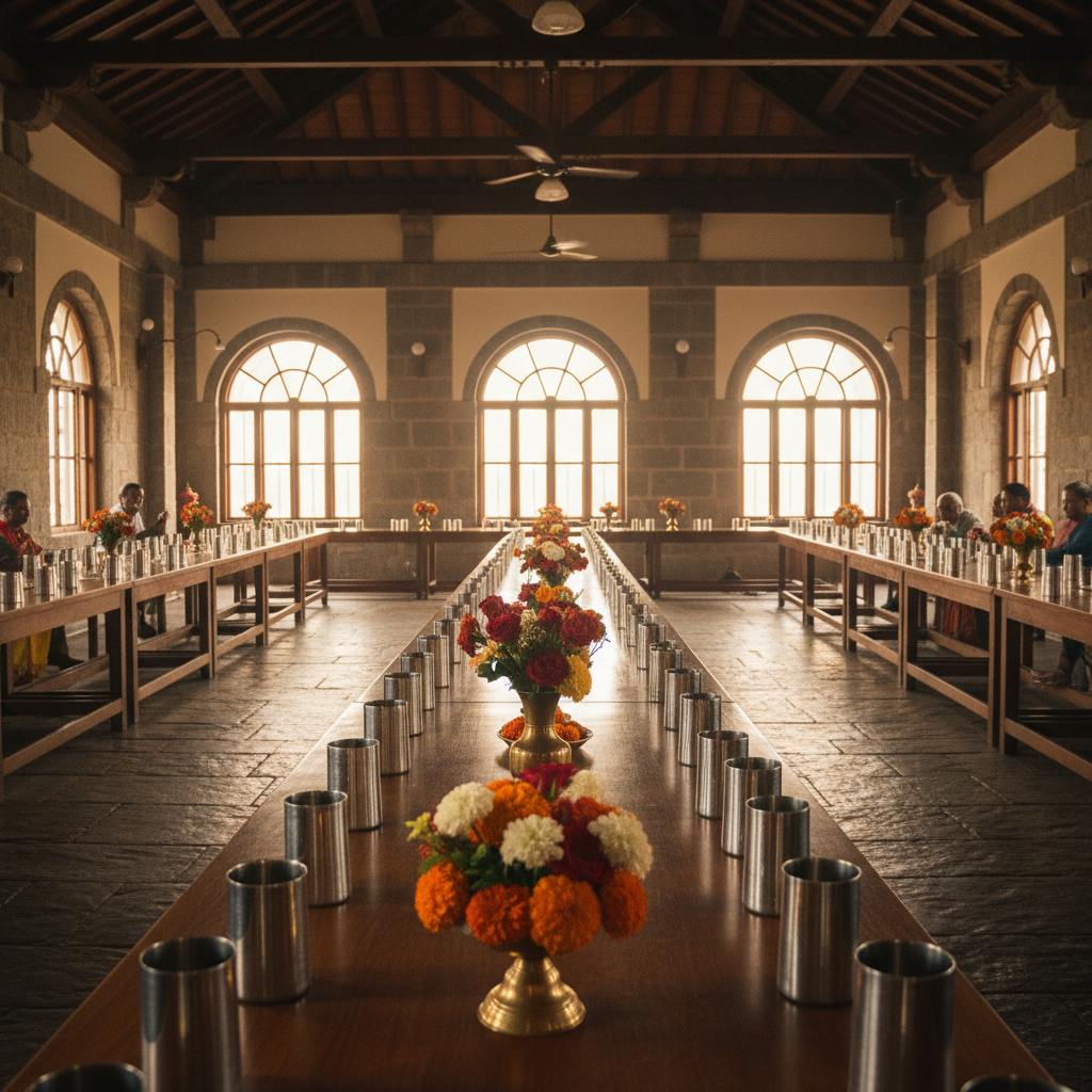 Tiffin dining hall with wooden tables, steel tumblers, and temple flower arrangements