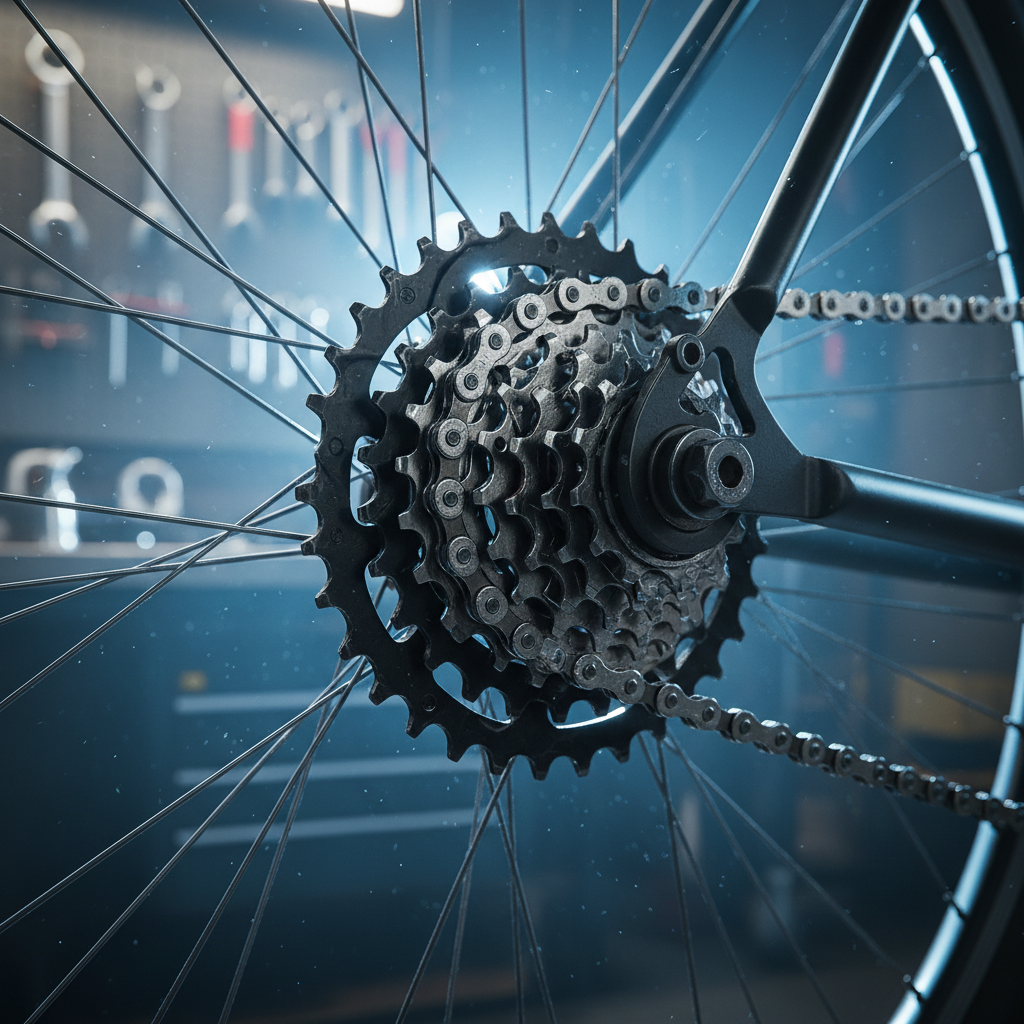 Close-up of bicycle rear cassette and chain backlit with cool workshop light