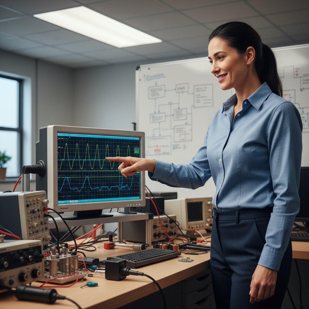Priya Nair, firmware engineer at standing desk mid-gesture, pointing at oscilloscope display with confident expression