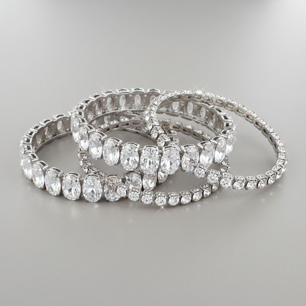Diamond-cut gold bangles with sparkling facets under studio lighting