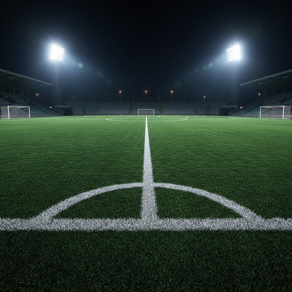 Vibrant green synthetic football turf under bright floodlights at night, crisp white lines on pitch
