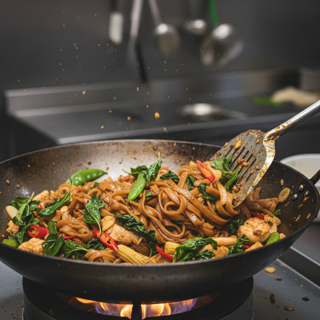 Drunken Noodles with wide rice noodles, holy basil and bird's eye chili in a wok