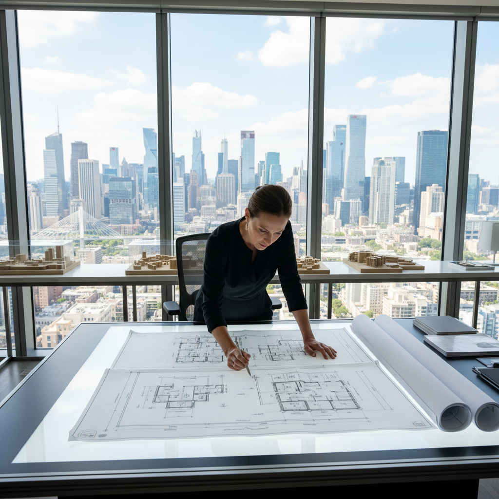 Architect reviewing blueprints on drafting table with city view through floor-to-ceiling windows