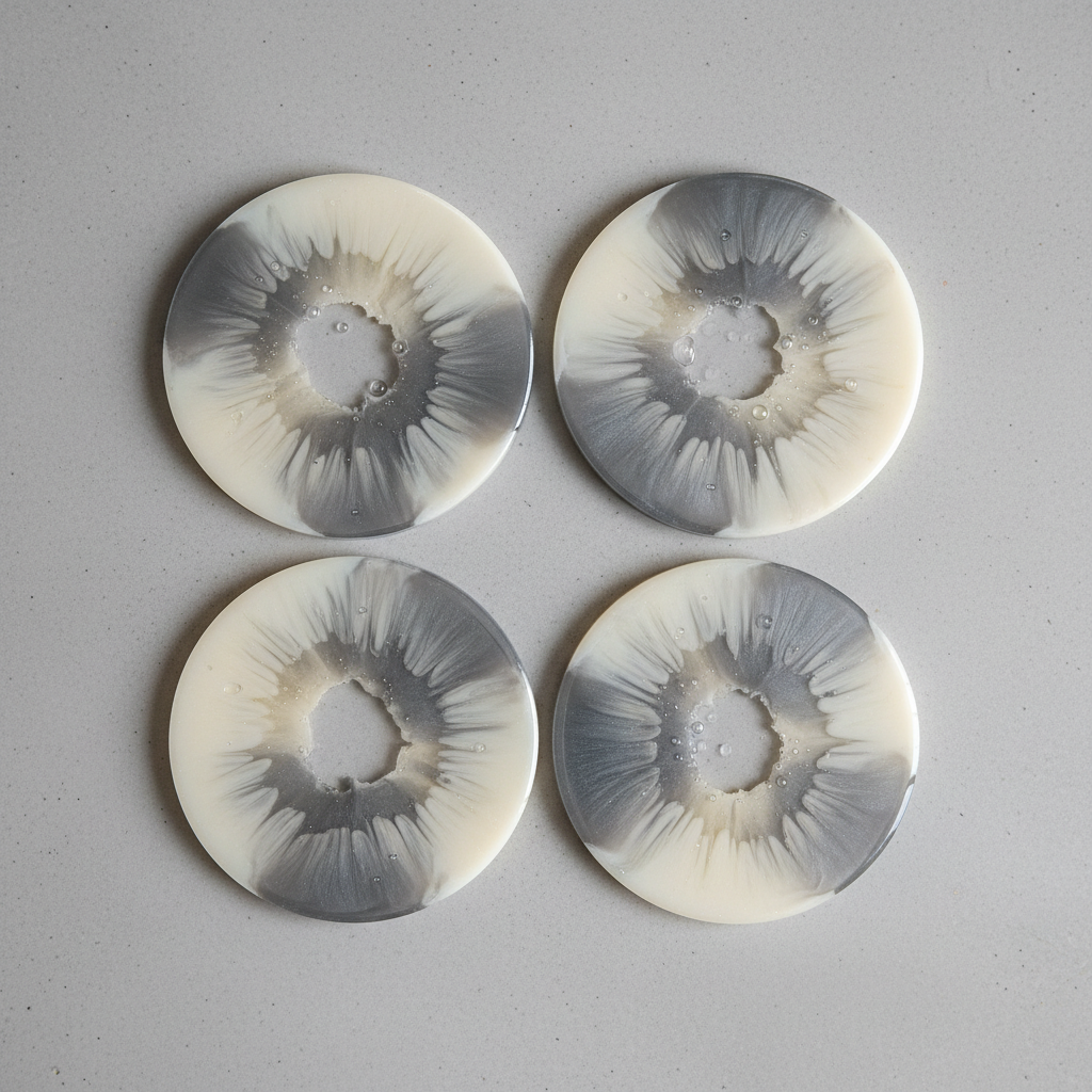 Four cream and smoke-gray resin coasters arranged in a square, swirl patterns visible