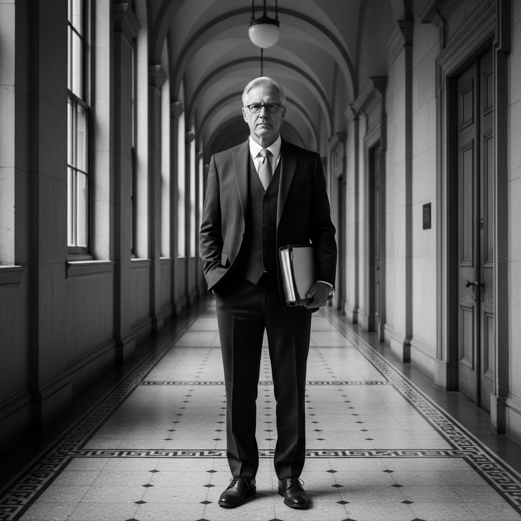 Formal portrait of a Supreme Court advocate in dark suit in a wood-paneled legal chamber, warm amber lighting, authoritative pose
