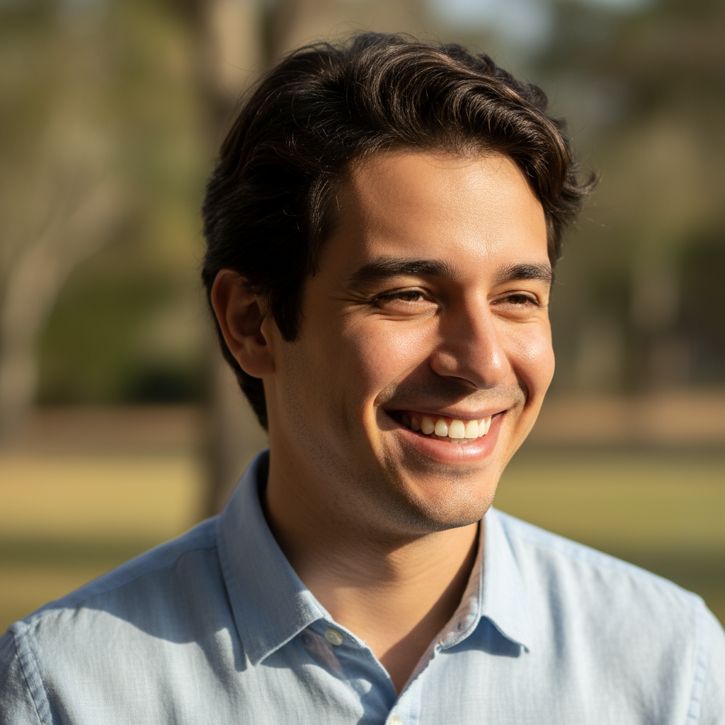 Young Brazilian man with friendly expression in casual shirt, urban background, natural light