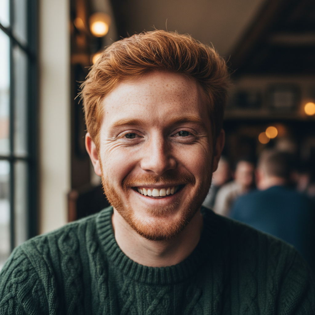 Finnegan Burke, Irish-American man with red hair and freckles grinning