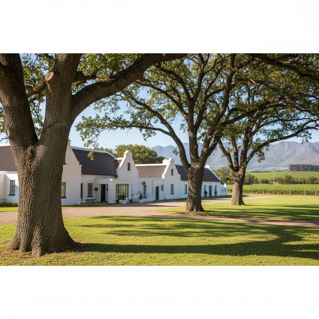 Franschhoek wine estate with French colonial architecture surrounded by autumn vineyard rows