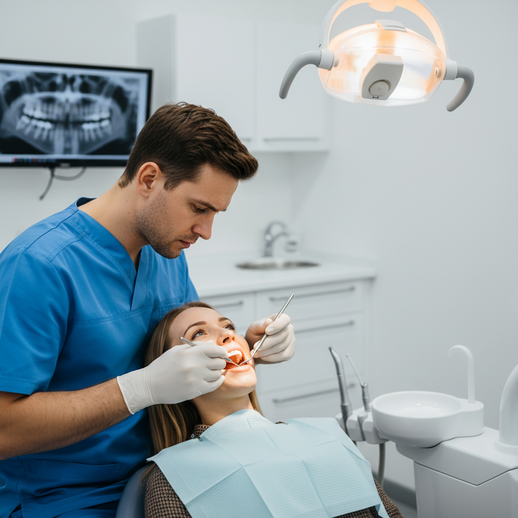 Dentist examining patient with care, bright operatory room, warm professional lighting