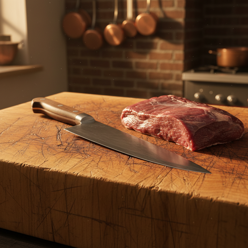 Master butcher in white apron carefully trimming a prime beef cut on heavy wooden block, professional butchery, warm focused light