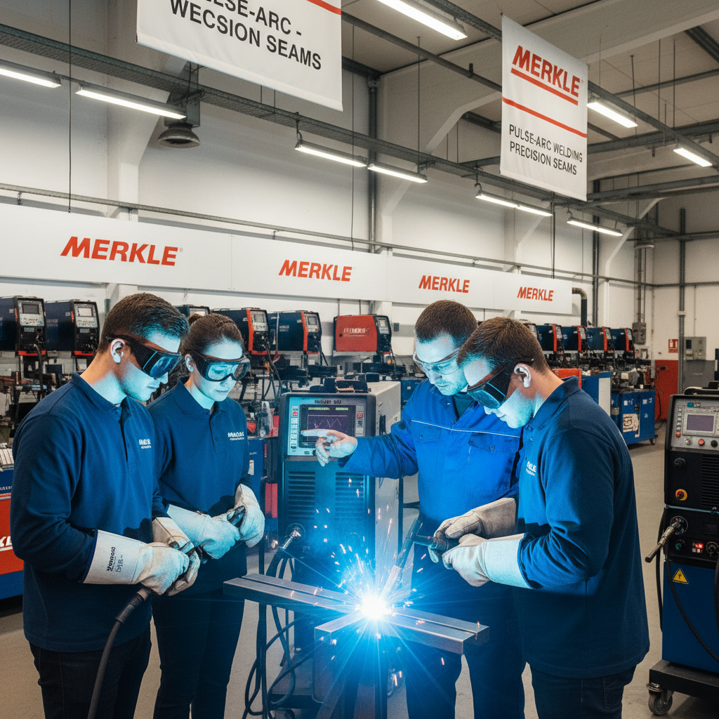 Metal fabrication workshop with sparks flying from welding, workers in safety gear constructing large exhibition stall framework