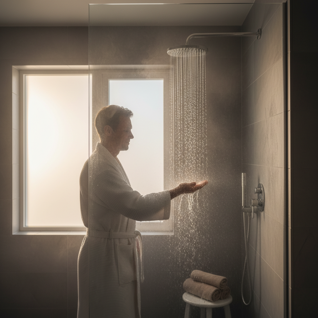 Parent testing warm water from rainfall showerhead in steam-filled bathroom with morning light