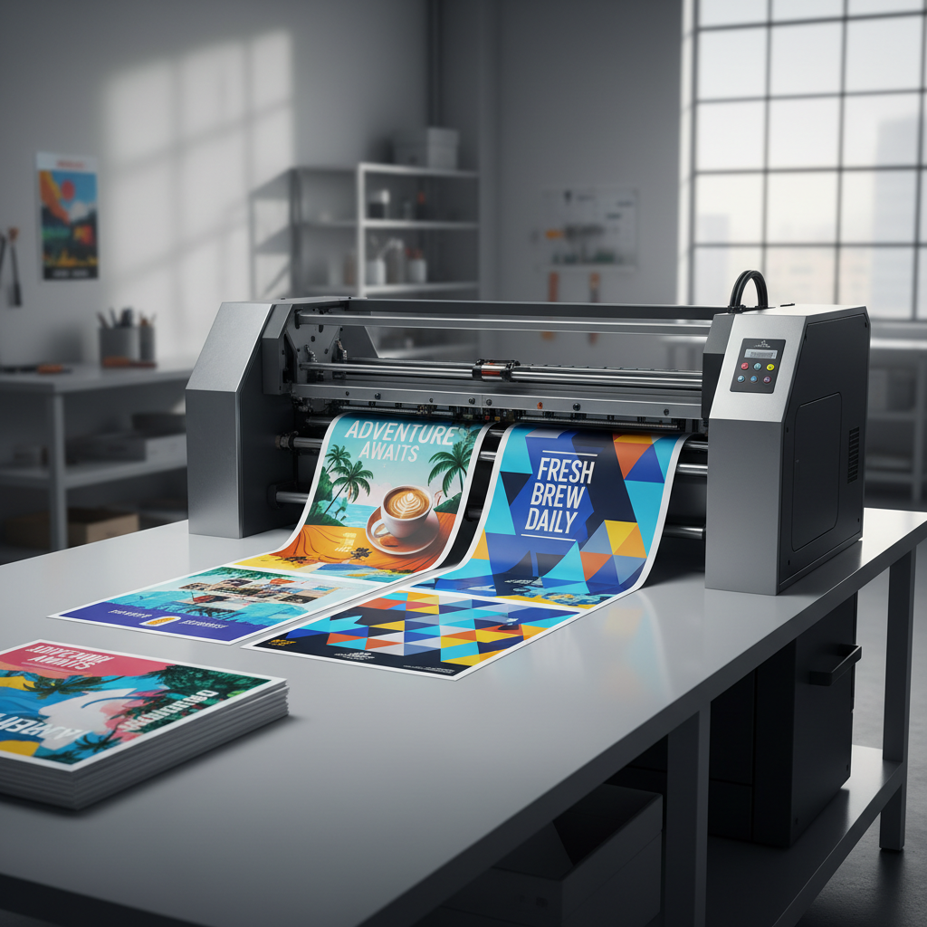 Large format printer producing oversized colorful marketing banner with vibrant graphics in print shop