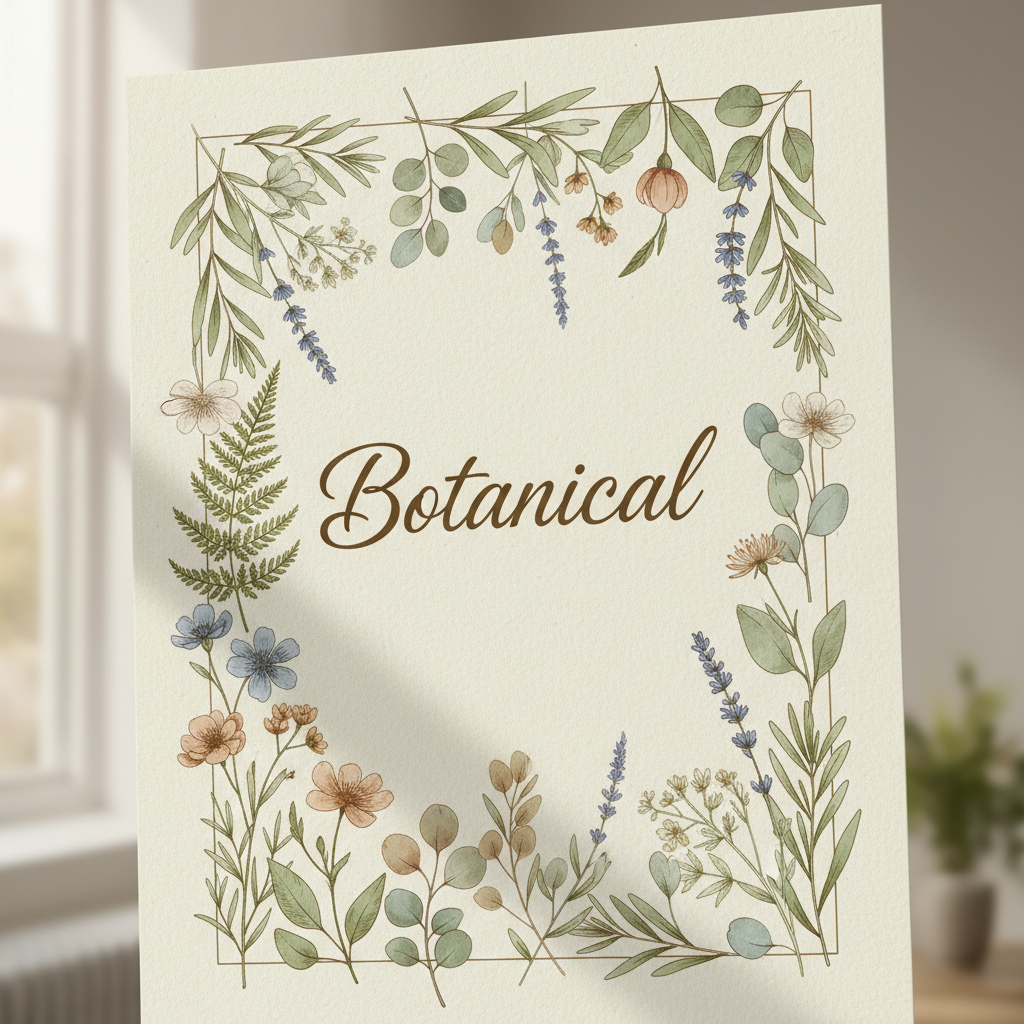 Green botanical brand identity mockup on clean white paper, natural soft light, minimal studio environment