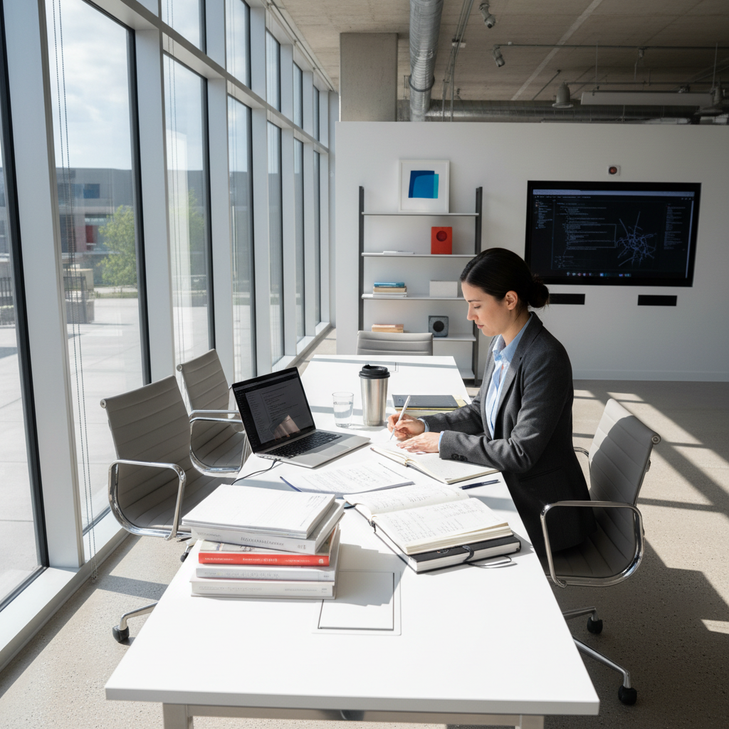 Professional preparing for interview with laptop