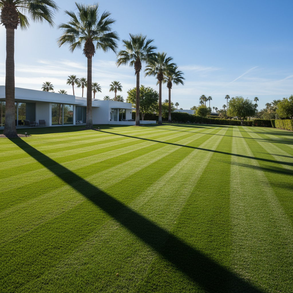 Immaculate geometric lawn with chevron mowing stripes at a DIFC corporate tower courtyard, date palms casting sharp morning shadows