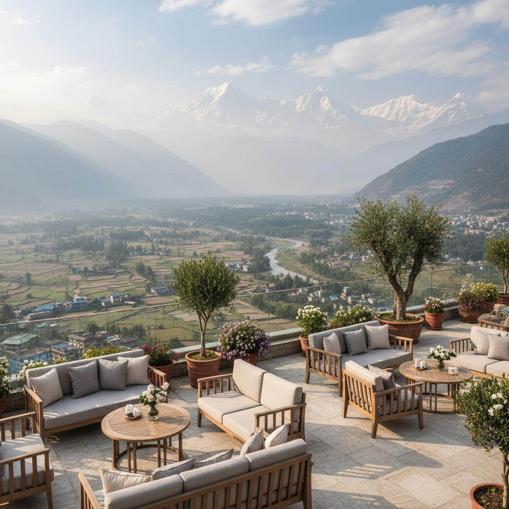 Valley view hotel room with panoramic window overlooking Mandakini river and mountains