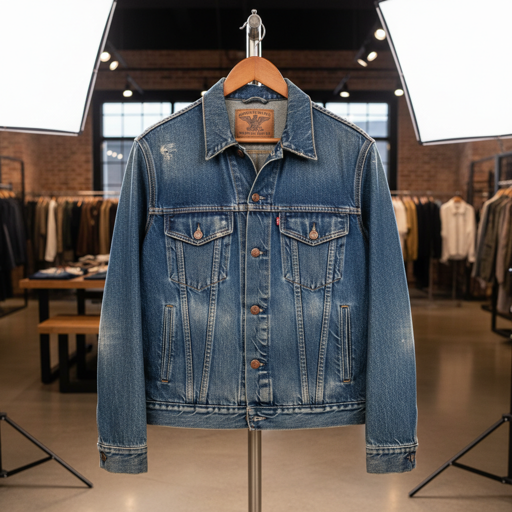 Vintage denim jacket hanging on a rack being steamed smooth