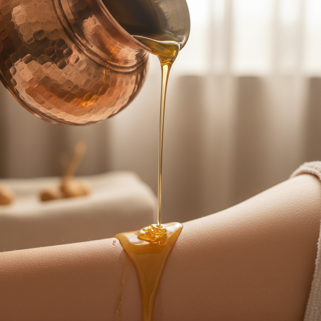 Ayurvedic warm oil massage being performed with traditional Indian herbs and oils
