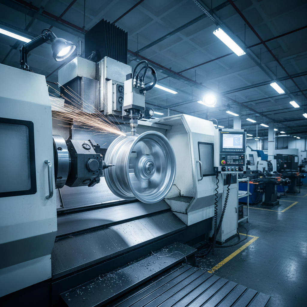 CNC machining center precision metal cutting watch components, sparks, industrial dark environment