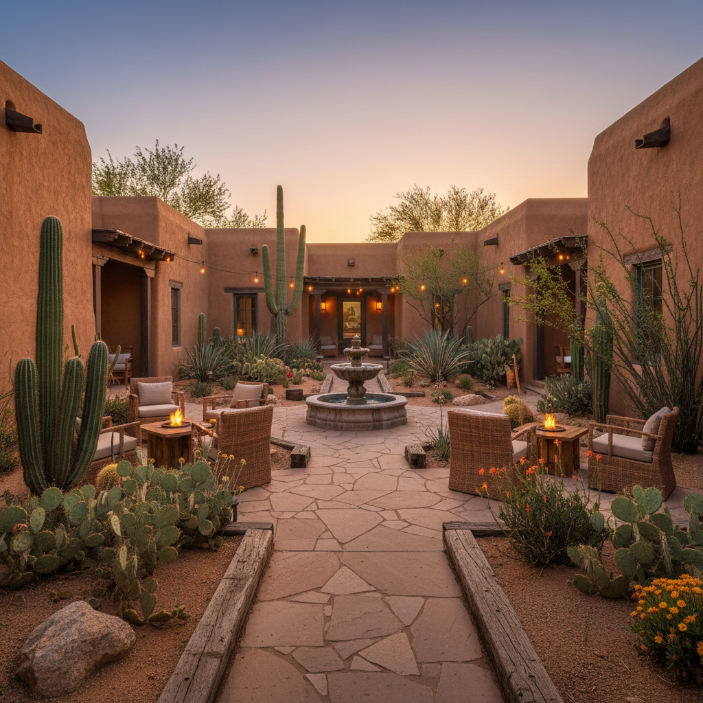 Boutique resort courtyard with adobe walls and desert landscaping at dusk