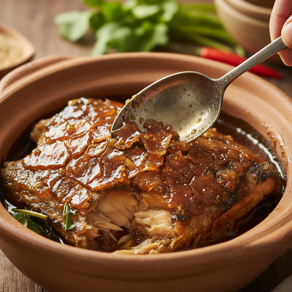Close-up caramelized clay-pot fish with bubble texture and palm-sugar glaze cracking under a spoon
