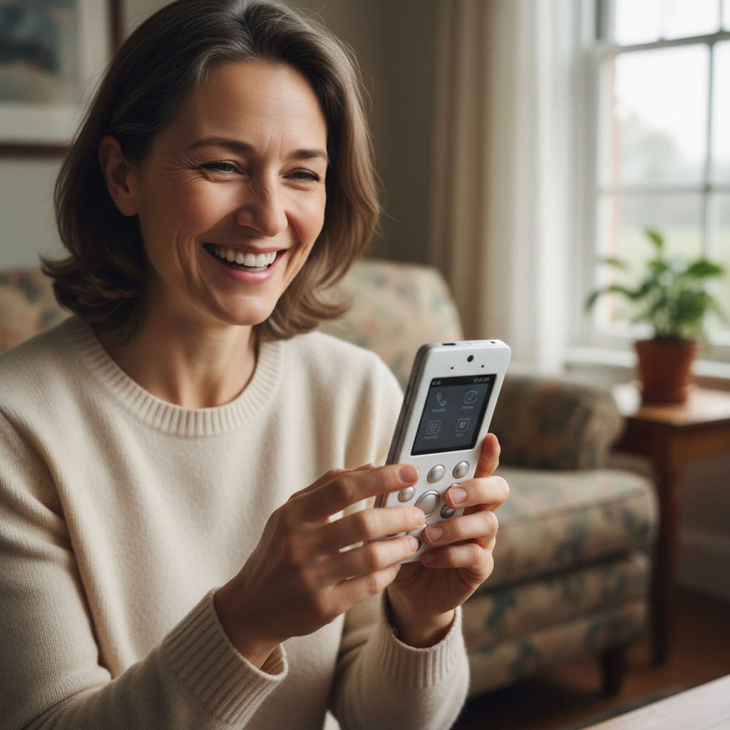 Person relaxing with smartphone, bright airy living room, warm natural light