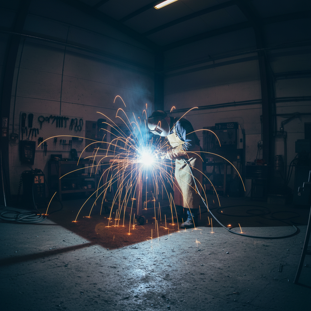 Arc welder throwing bright sparks across a dark concrete studio floor in East London
