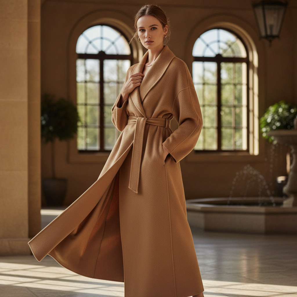 Cashmere wrap coat in camel — luxury outerwear with minimal editorial styling