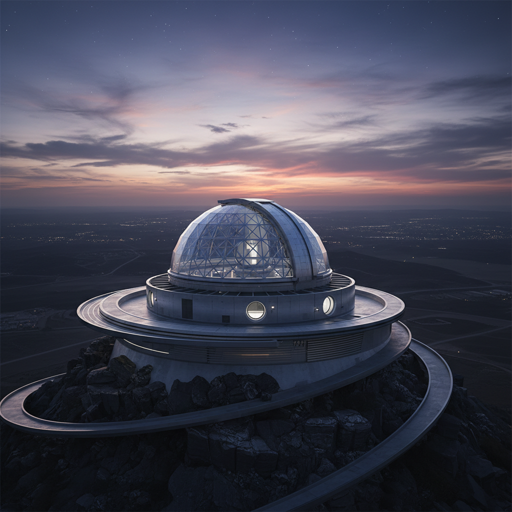 Unbuilt hilltop observatory concept with circular form and glass dome against evening sky