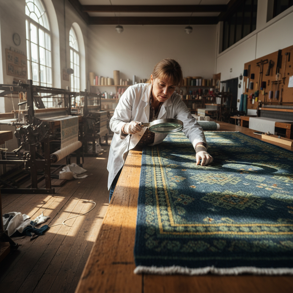Weave workshop interior — carpet laid flat under raking light, technician conducting fibre-by-fibre final inspection with magnifying lens