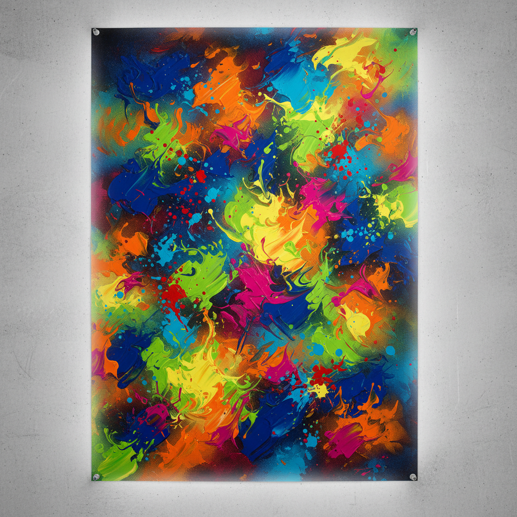 Bright full colour A3 poster printed with bold text and vivid imagery pinned to a board