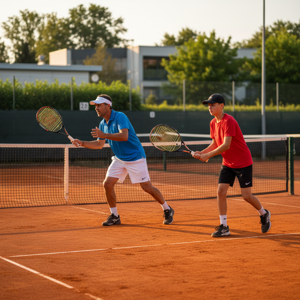 Tennis coach demonstrating forehand technique to student on clay court in afternoon sun