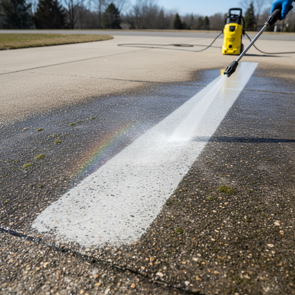Pressure washing a concrete driveway in Tucson Arizona, clean wet concrete surface with visible cleaning line