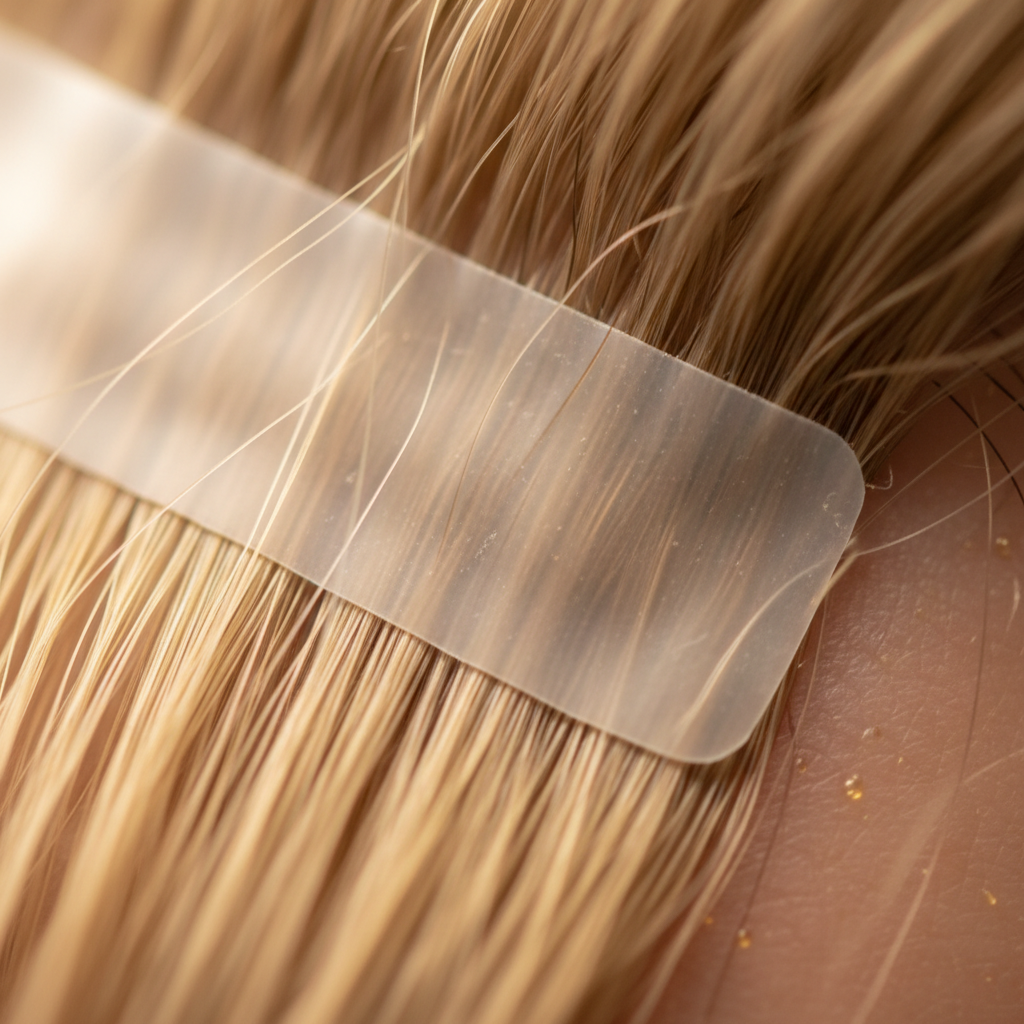 Bond-in extensions close-up showing seamless blend with natural hair, bright clean salon