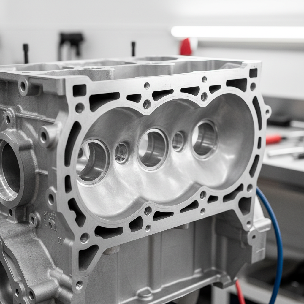 Large diesel engine block on a workshop stand, bright industrial lighting, clean workshop background
