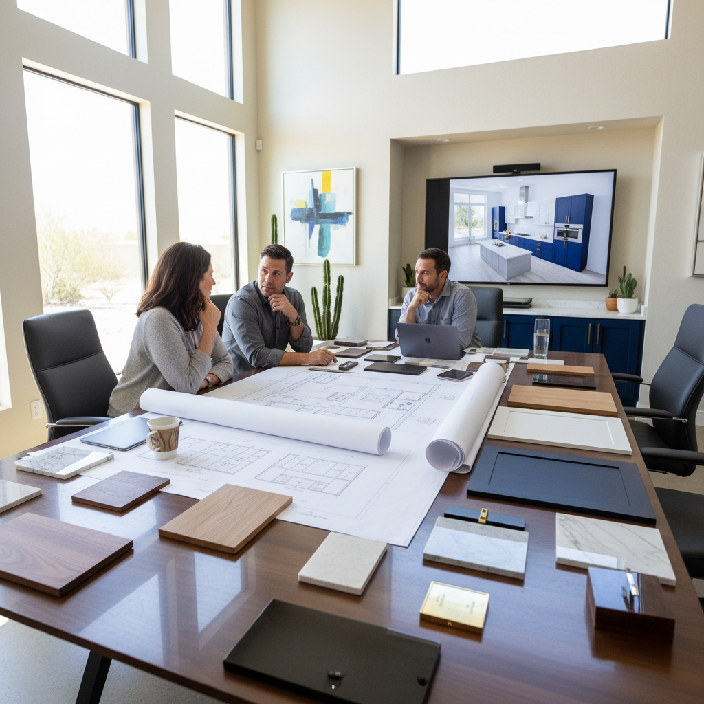 Kitchen cabinet design consultation showing layout plans and material samples for Scottsdale kitchen remodel
